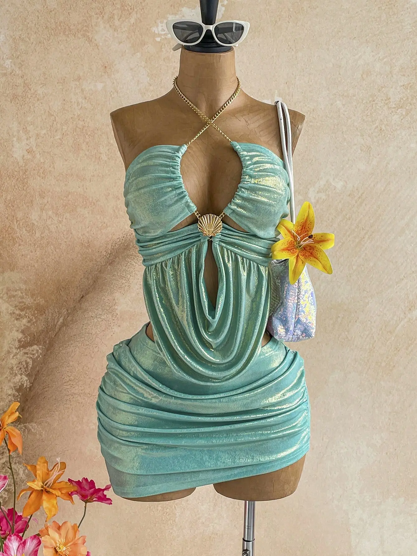 Women’s Metallic 2 Piece Skirt Set | Pleated Halter Top & Ruffle Hem Skirt | Sexy Summer Rave Club Party Outfit