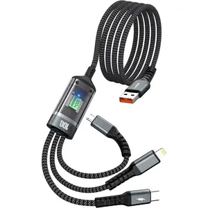 3-in-1 Fast Charging Cable 100W | USB-C + Lightning + Micro USB | LED Display | 5ft Braided