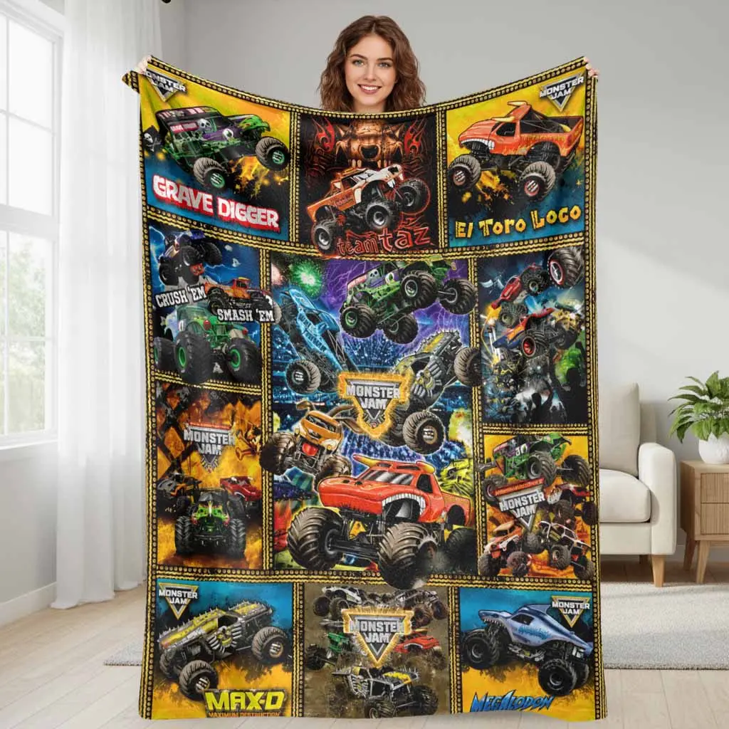 Monster Jam Off-Road Cars Print Flannel Fabric Blanket, Super Soft Lightweight Weave Plush Throw, Multi-Size Bedding Cover for Camping Trip, Sports Enthusiasts’ Birthday Holiday Gift