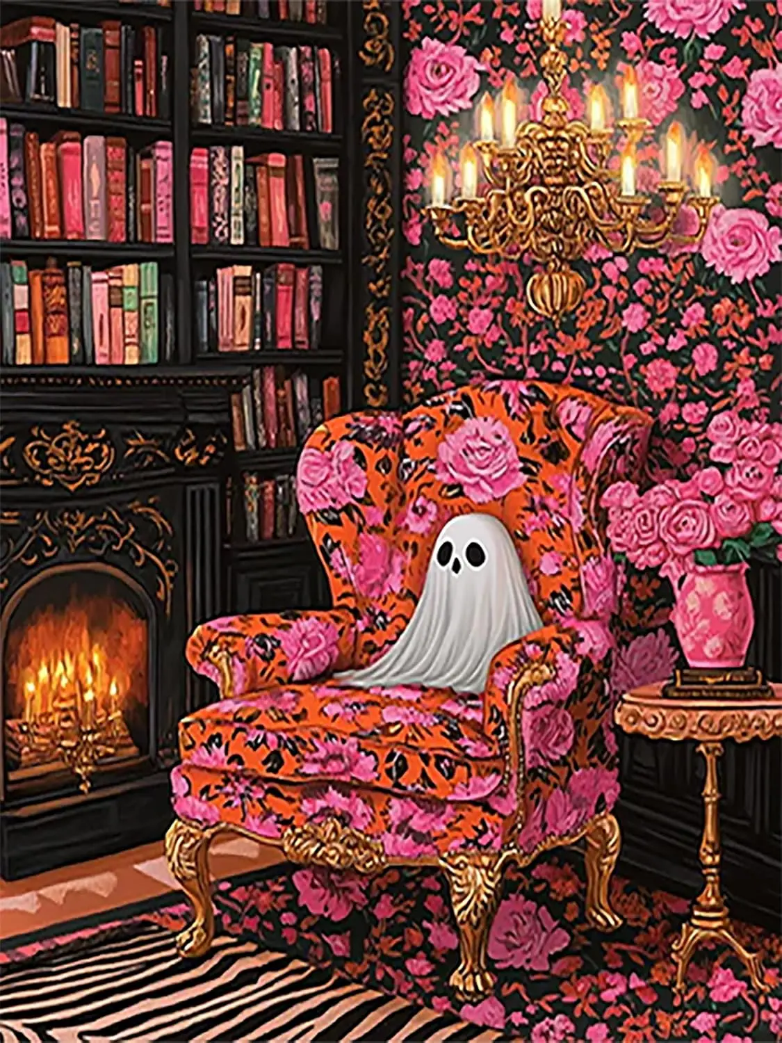 Diamond Art Kits for Adults,Pink Bookshelf Ghost Diamond Painting Kits | Halloween Bookshelf Ghost Diamond Art Diamond Art Paint Full Drill DIY 5D Diamond Painting Kits for Home Decor-12X16 Inch Zythron