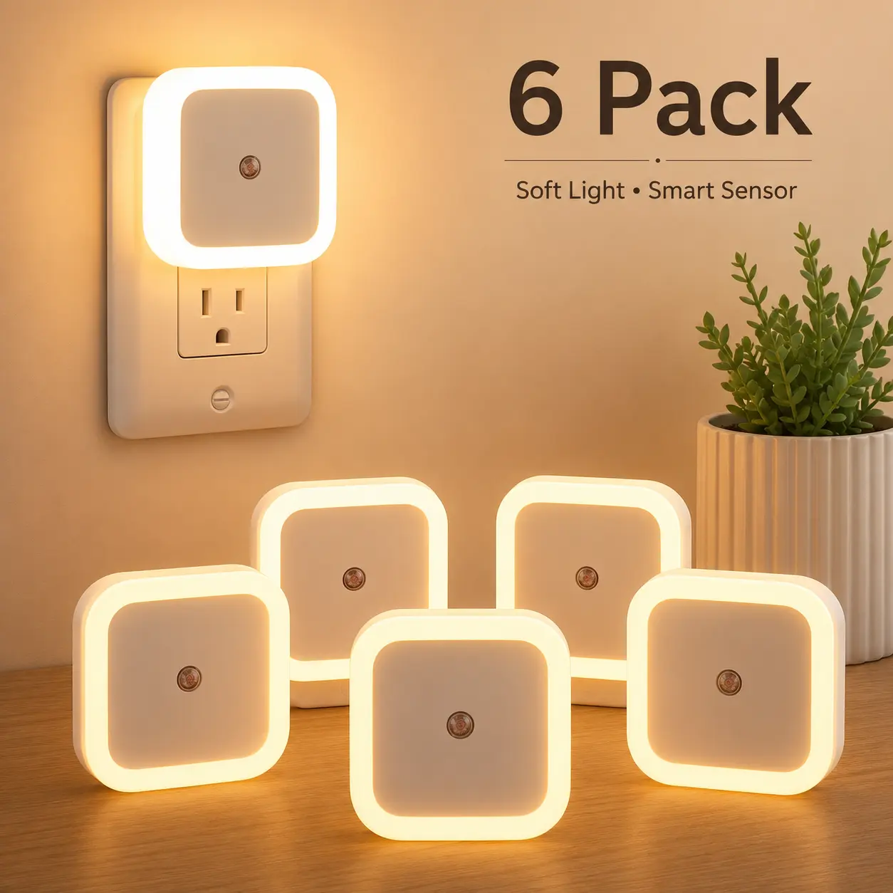 6 LED Night Lights with Dusk-to-Dawn Sensor - Warm White Plug-In AC Power Supply Line Voltage Lights for Kids’ Room, Stairs, All Seasons Indoor Recreation Use, Nursery