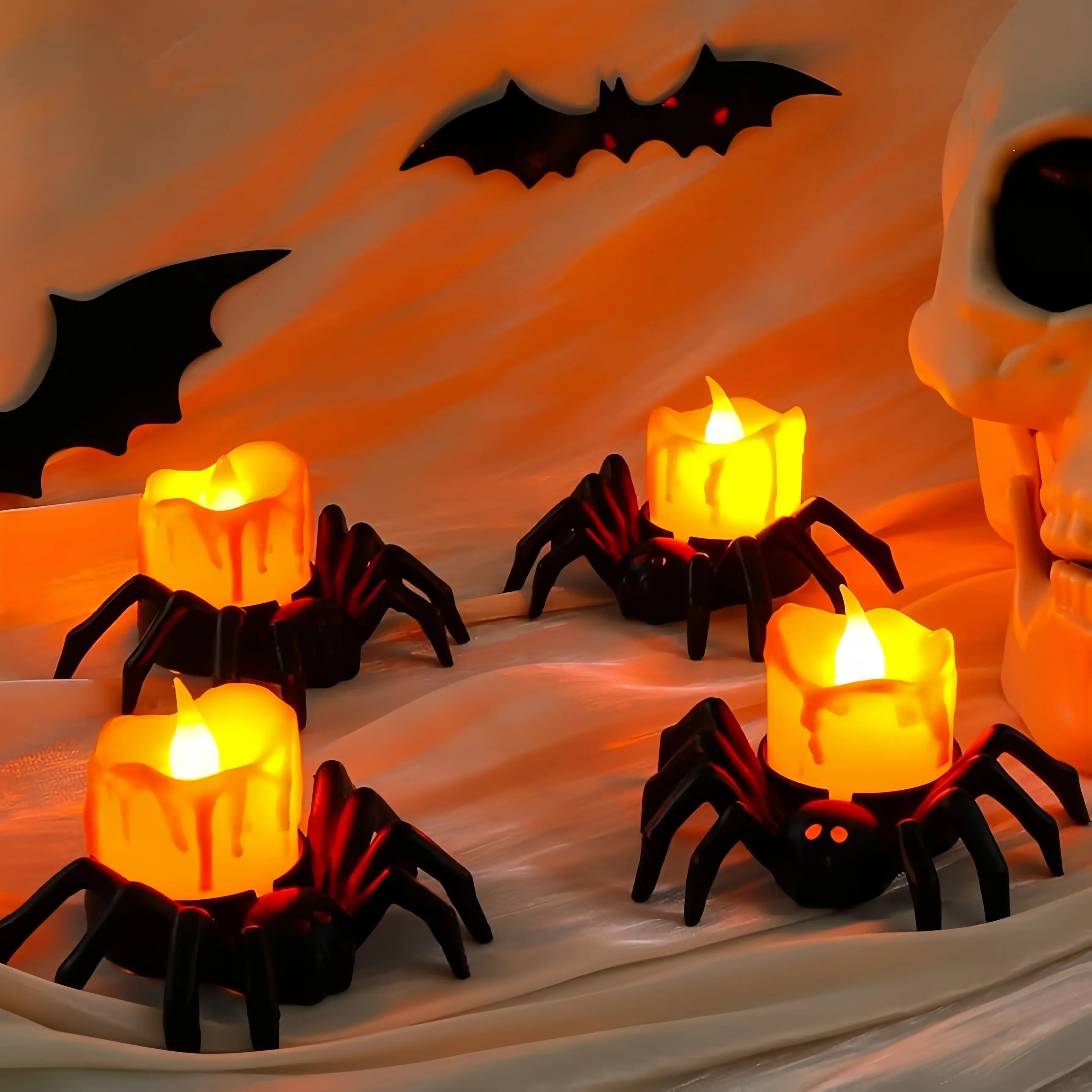 12 Halloween tea candles, battery-powered flameless Halloween LED candles, spider-shaped tea candles, spooky realistic spider candles, perfect for Halloween party decorations, vintage Halloween decorations