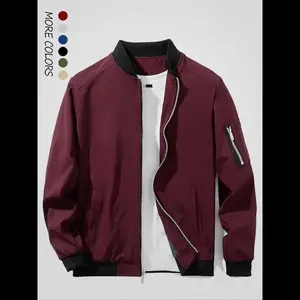 Men's Solid Zip Up Pocket Bomber Jacket, Regular Fit Casual Long Sleeve Baseball Collar Outerwear for Spring & Fall, Fashion Men's Clothes for Daily Wear