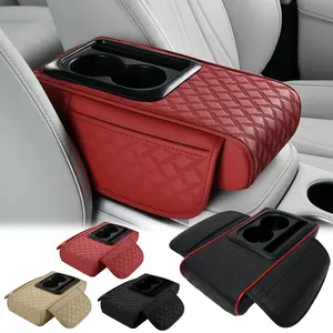 4 in 1 Car Armrest Cushion Pad with Cup Holder & 2 Pocket, PU Leather Car Middle Center Console Box Armrest Cover Hand Rest Pad Mat Protector Top Universal For BMW Chevy Ford Honda Jeep Nissan Toyota Mercedes-Benz Hyundai Volkswagen - 13.8*6.7*2.75 inch