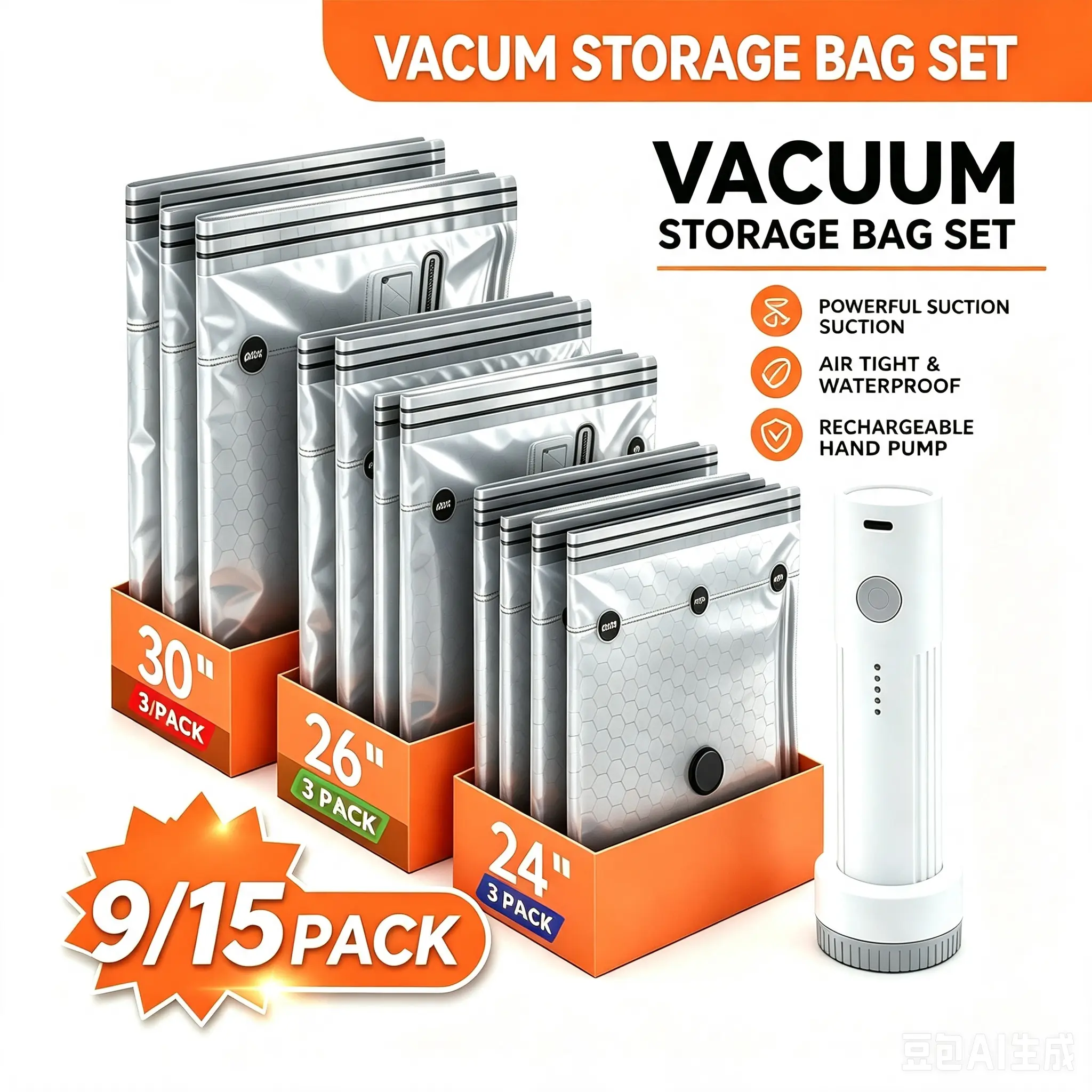 Compressed Storage Bag Set with Handheld Wireless Rechargeable Pump, Rubber-Sealed Organiser for Pillows, Blankets, Clothes, Wardrobe & Drawer Tidy, Portable Tool Organiser for Business Trips, Vacuum Bags