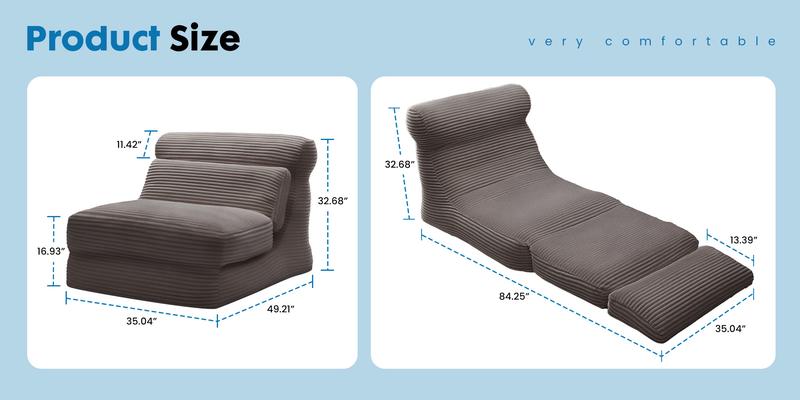 Folding Sofa Bed, 3 in 1 Convertible Sofa with Back Support, Portable Folding Chair Bed, Living Room Bedroom Comfortable Floor Sofa Lounge, Single Bed, Taupe