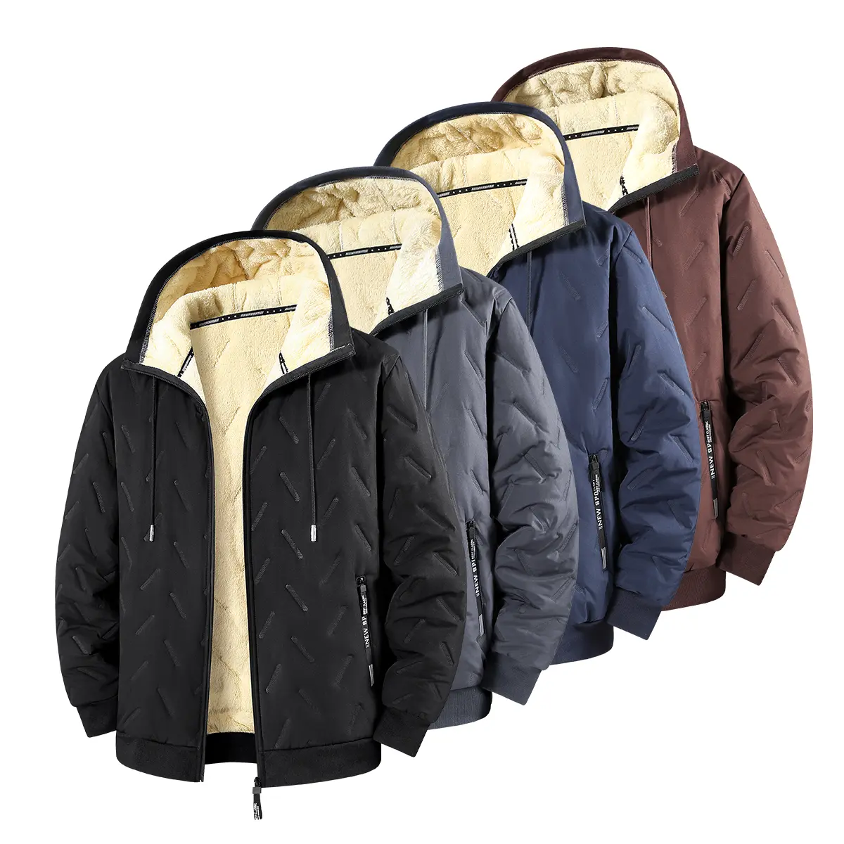 New men’s fleece-lined, thick outerwear for autumn/winter—outdoor casual jacket with hood, warm fleece design, cold-resistant, suitable for hiking, skiing, and wearing in cold weather.