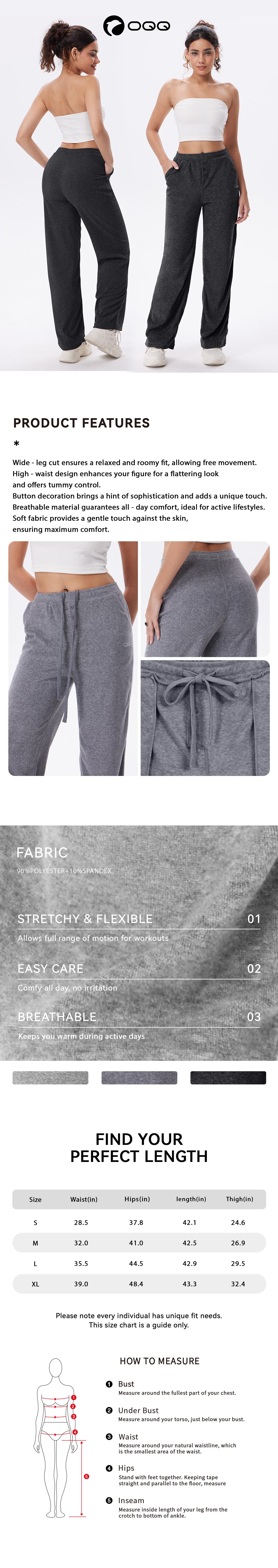 OQQ Nine Cents Women's Wide-leg High-waist Casual Pants with Button Decoration Breathable Simple Design for Spring Autumn Seasons