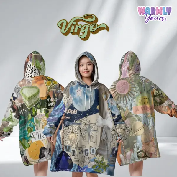 Virgo Earth Angel Snuggle – Oversized Zodiac Sherpa Collage Hoodie Blanket | Astrology Wearable fluffy Blanket for Women, Men, Teens & Kids | Cozy comfort sweatshirt sweater Loungewear, Plus size sleepwear, Birthday Gifts, Christmas Gifts, Zodiac Gifts