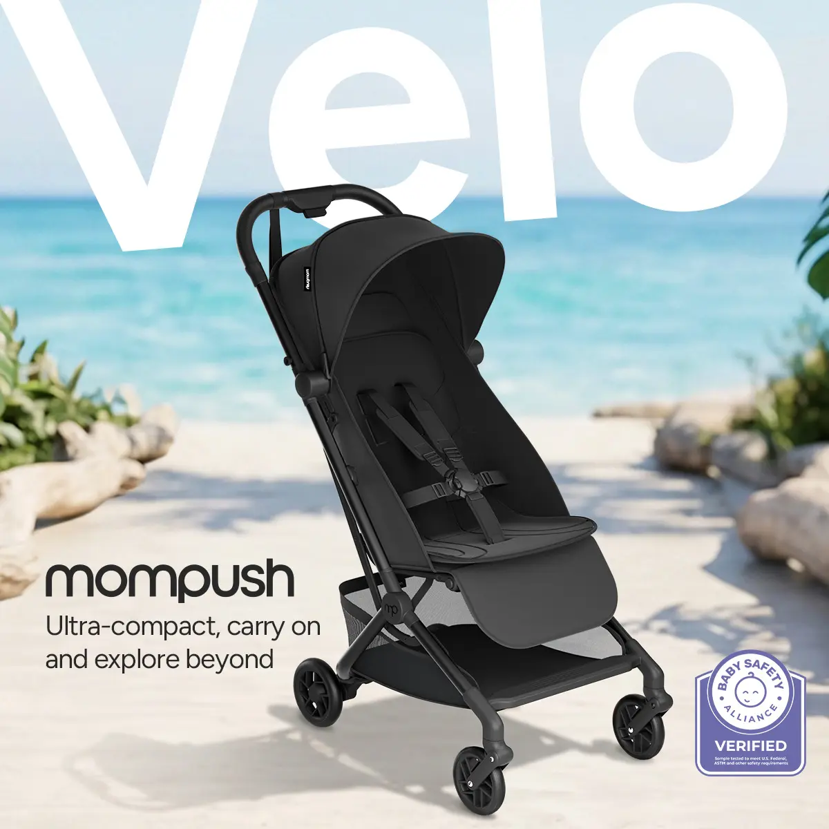 Mompush Velo Lightweight Travel Stroller, Compact & Airplane-Friendly for Baby and Toddler, Lie-Flat Seat, One-Hand Fold, with Leather Bumper Bar, Shoulder Strap, Raincover, Storage Bag & Cup Holder