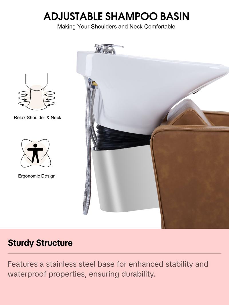 BarberPub Backwash Shampoo Station Chair, Salon Ceramic Hair Wash Bowl 9370