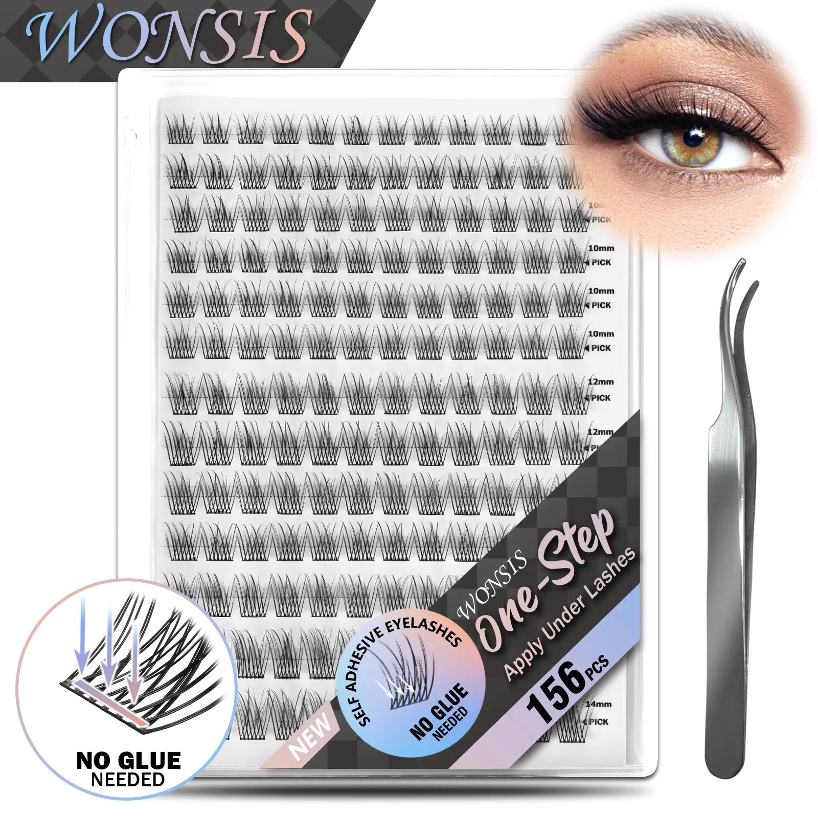 WONSIS Self Adhesive Eyelashes, 156 Pcs Self Adhesive Eyelash Clusters, No Glue Needed, Invisible Strip Tape - Longer Lasting, No Sticky Residue Pre Glued Eyelashes (Natural-Mixed) Makeup Cosmetic