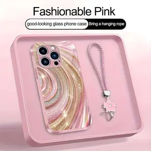 Luxury Rose Gold Swirl Phone Case with Flower Lanyard, Glitter Pink Art Aesthetic Cover for iPhone 14 Pro Max ---975