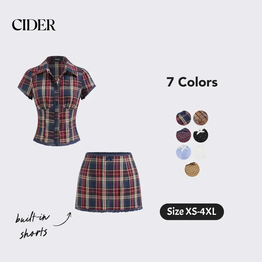 Cider Cotton Plaid Collar Short Sleeve Blouse & Mid Rise Lace Trim Bowknot Mini Skirt Set SohoChic