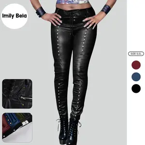 Imily Bela Women's Gothic Punk Faux Leather Pants Lace Up Skinny PU Leather Leggings Rock Club Moto Legging Trousers M7J200