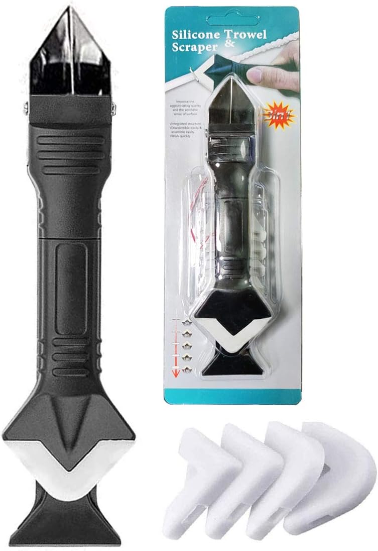 Caulking Tool 5 in 1 Caulk Remover and Multi-Function Silicone Sealant Finishing Kit with Grout Scraper and 6 Silicone Pads Ideal for Kitchen Bathroom and Window Sealing