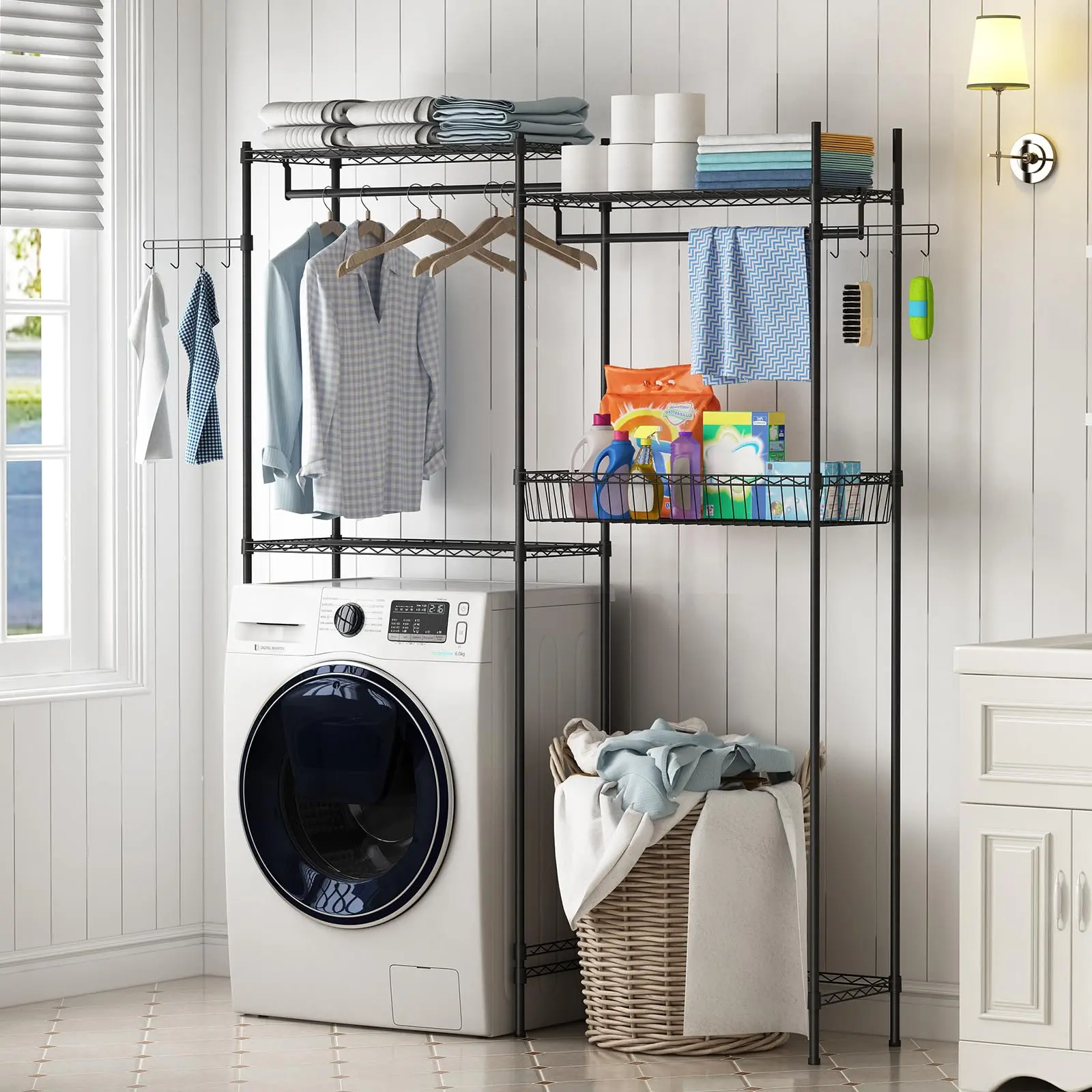 Over Washer and Dryer Shelves,57.4in W Laundry Room Clothes Drying Rack,Height Adjustable Towel Racks with Hamper and Hooks,Laundry Room Organization