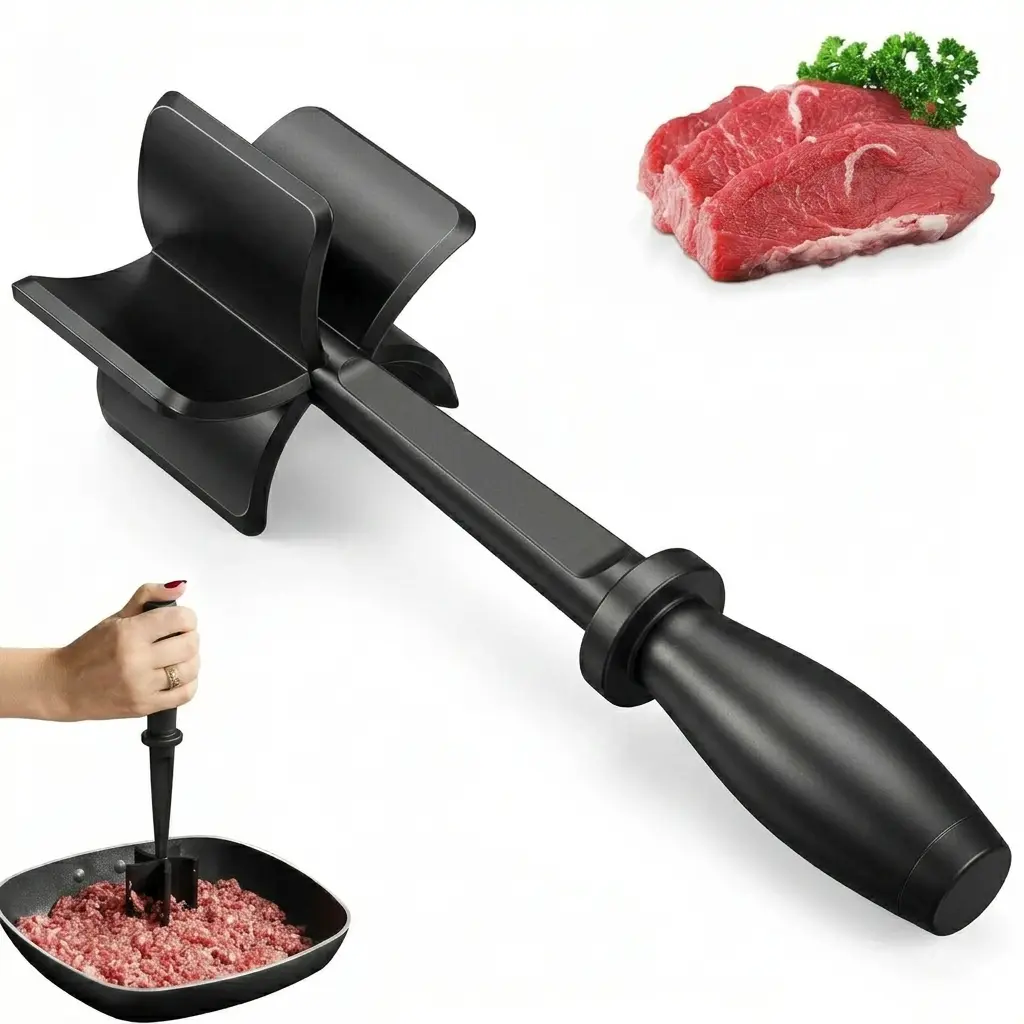 Meat Chopper & Hamburger Grinder, Premium Heat Resistant Nylon Meat Masher with 5 Blade Design, Ground Beef & Food Smashing Tool for Beef, Poultry, Vegetables & Potatoes, Non-Stick Safe Kitchen Utensil, Black