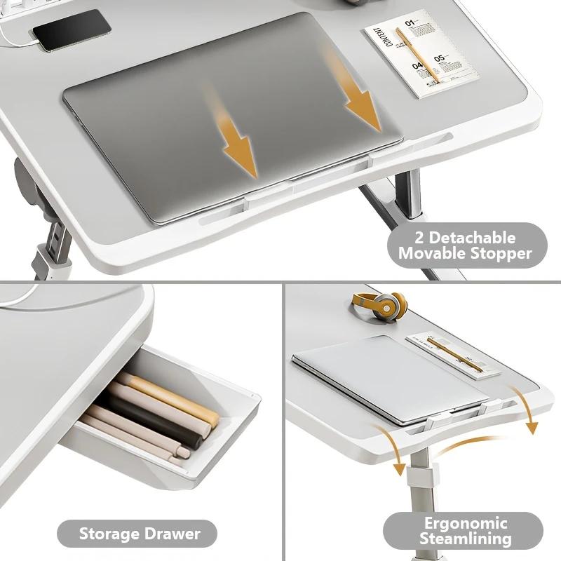 Laptop Bed Table, Foldable Laptop Desk Bed Tray with Storage Drawer, Lap Desk TV Tray for Breakfast Serving, Notebook Stand Reading Holder with Phone Slot and Cup Holder for Sofa Couch Floor