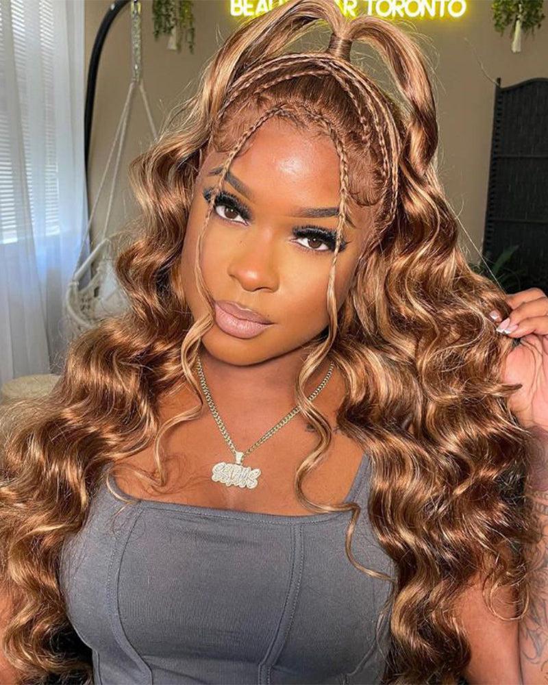 Arabella 2P4/27 4# Brown Mixed 27# Honey Blonde with 2# Dark Brown Roots 13x6 Glueless Lace Front Drawstring Wig Loose Body Wave Wig 100% Human Hair SpringStatements