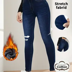 Women's Trendy High-waisted Skinny Jeans, New Autumn And Winter Styles For Warmth Pants Thick Plush Lining To Lock In Heat And Resist Cold High-waist Design Classic Deep Blue Color Versatile And Fashionable Denim Pants