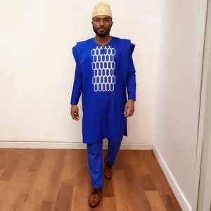 Men’s African Clothing Set – 3 Pieces: Dashiki Shirt, Embroidered Top, Pants, and Hat, Bazin Fabric, Muslim Wedding/Party Wear, 2026
