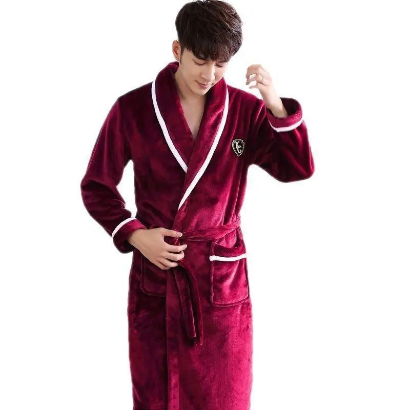 Flannel Thickened Long Section Bathrobe Men Pastoral Style Soft Polyester Blend Nightwear for Winter Autumn Warm Loungewearwomen's clothing Flannel Thickened Long Section Bathrobe Men Pastoral Style Soft Polyester Blend Nightwear for Winter Autumn Warm Loungewearwomen's clothing