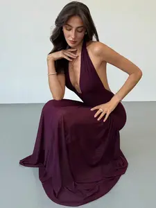 Aloruh Elegant Dresses For Party Romantic Date Party Eggplant Purple Mesh Deep V Backless Tie Ruched Mesh Dress For Women,Wedding Guest Dress,Party Dresses For Women,Fall Wedding Guest Dress