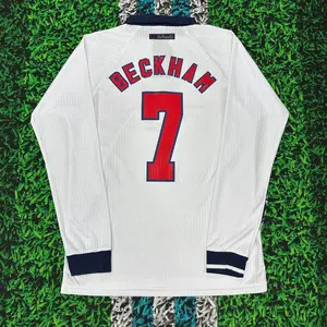 1998  World Cup England Red and White Home No. 7 David Beckham Long Sleeve Soccer Jersey Quick Drying