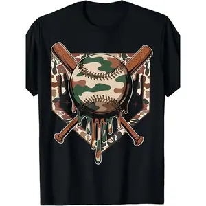 Baseball Drip for men Ice Cream Dripping men Baseball Camo T-Shirt[Cool Design] Street Trending Style men's Tee Comfortable Cotton Round Neck Shorts Same Gender Design and Sleeves Men's T Shirts