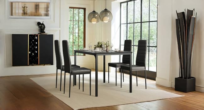 Gizoon Dining Table Set for 4, Kitchen Table Chairs Set of 4, 5 Piece Kitchen Table Set with 4 Upholstered PU Leather Chairs for Dining Room, Living Room, Apartment, Small Space, Black