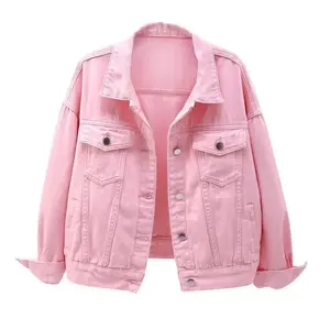 2026 new women's short loose long sleeved jacket color plus size denim women's jacket top comfortable jacket casual bat collar sticker collar pink combination or bet basic minimalist gift