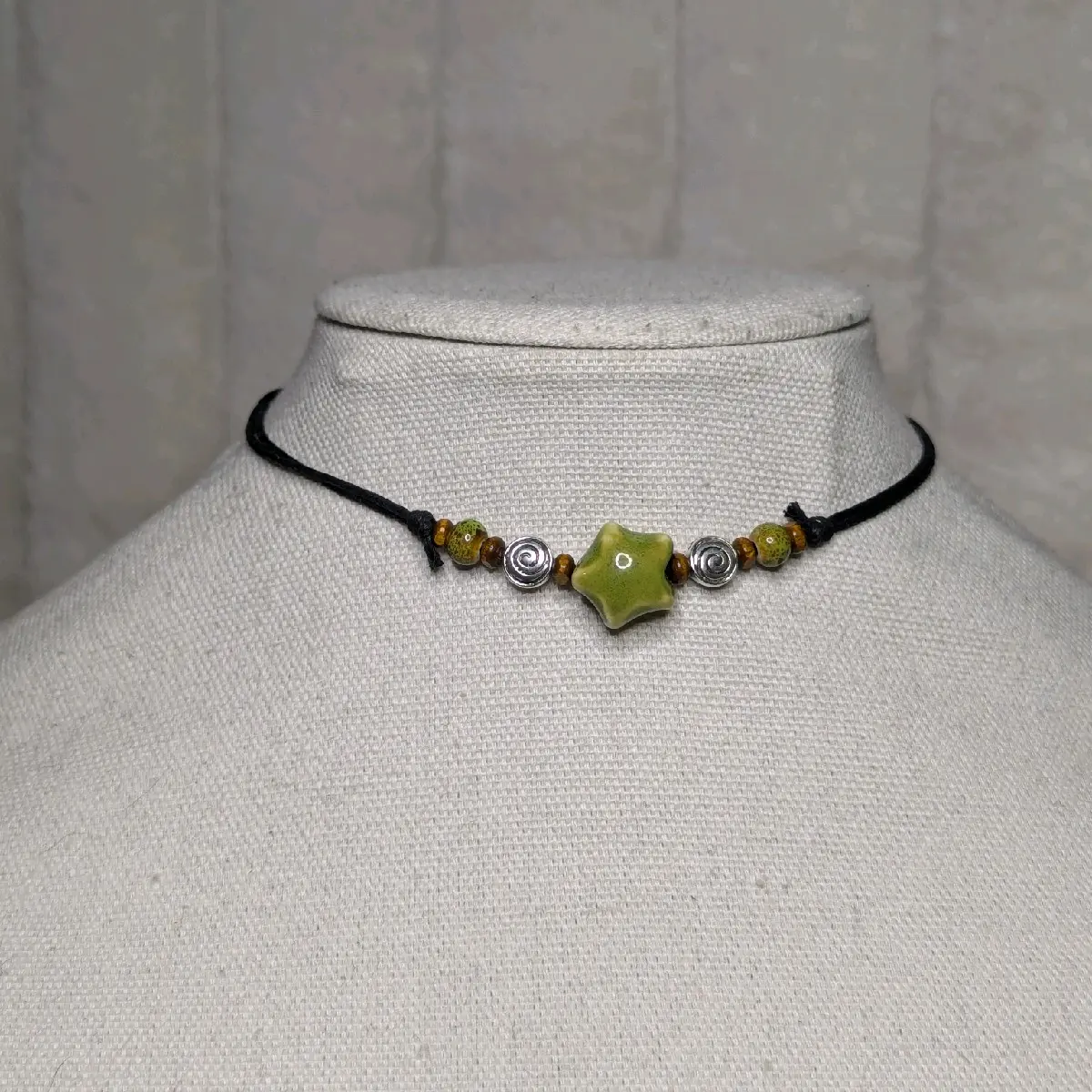 Ceramic Beaded Star Spiral Swirl Y2K Boho Hippie Whimsical Adjustable Black Rope Cord Choker Stacking Necklace jewelry