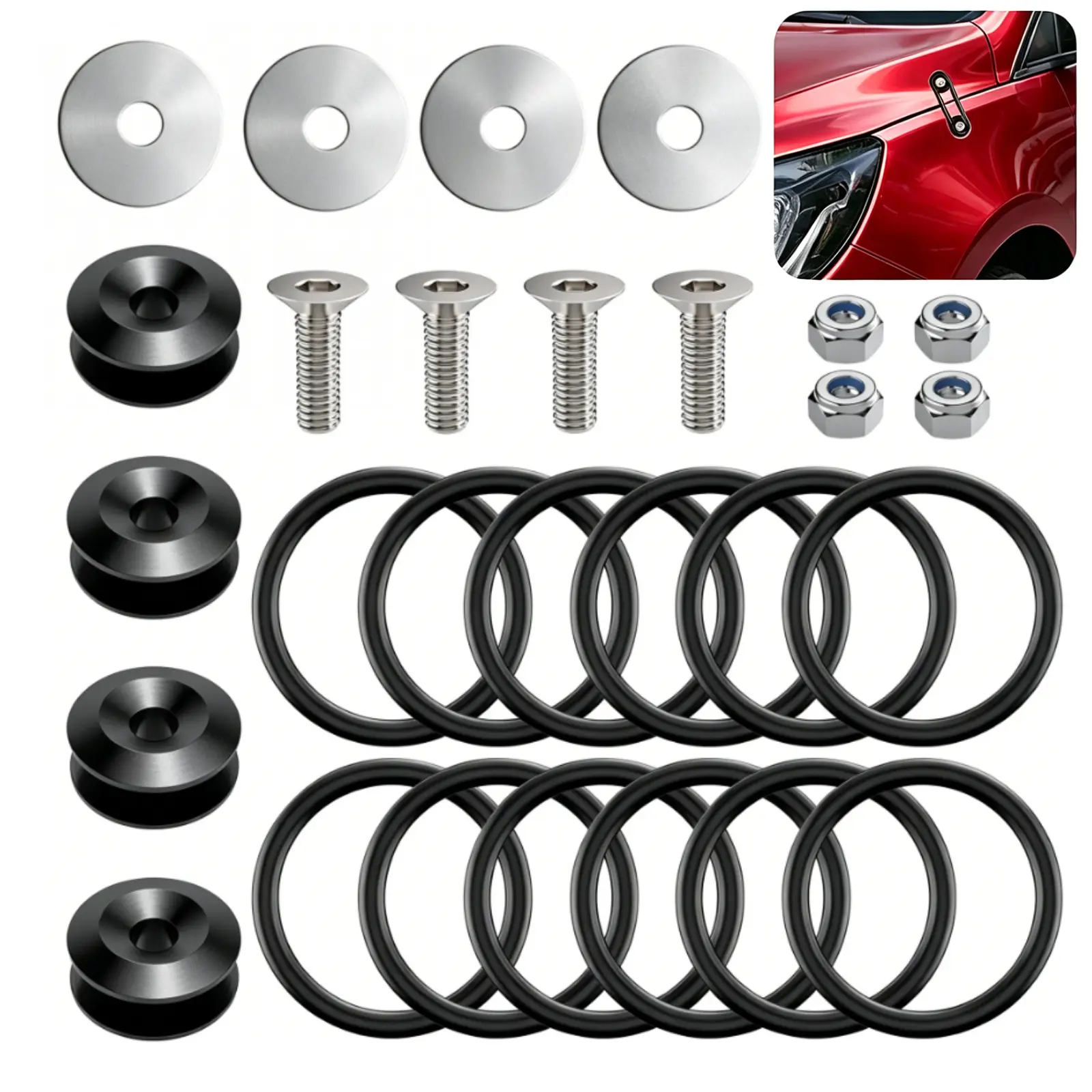 Automotive Front Rear Bumper Quick Release Tool, Universal Bumper Clips, Bumper Holders for Cars (4 Black Bumper Quick Release Tabs and 12 Customized NBR O-Rings)
