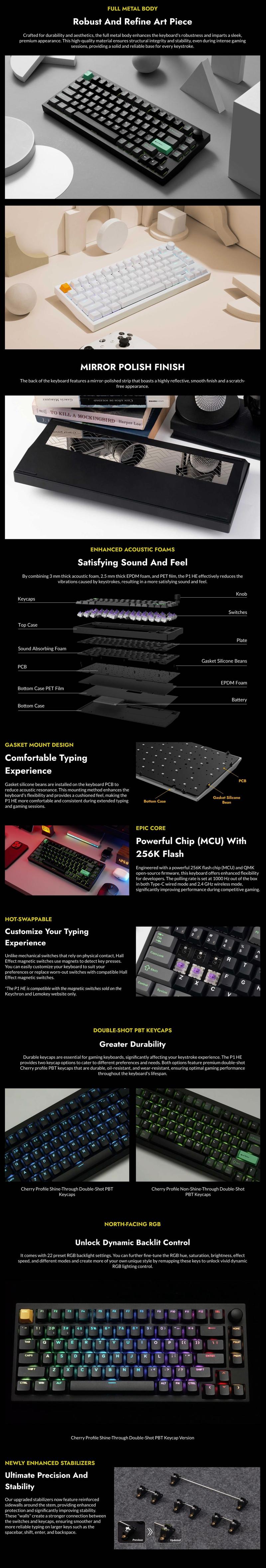Keychron Lemokey P1 HE Wireless Magnetic Switch Gaming Keyboard, All-White 75% Full Aluminum CNC Body, Hall Effect Rapid Trigger, Snap Tap, South-facing RGB Backlit, Double-shot Shine-Through Keycaps, Tri-Mode, Gasket Mount Custom Esports Board