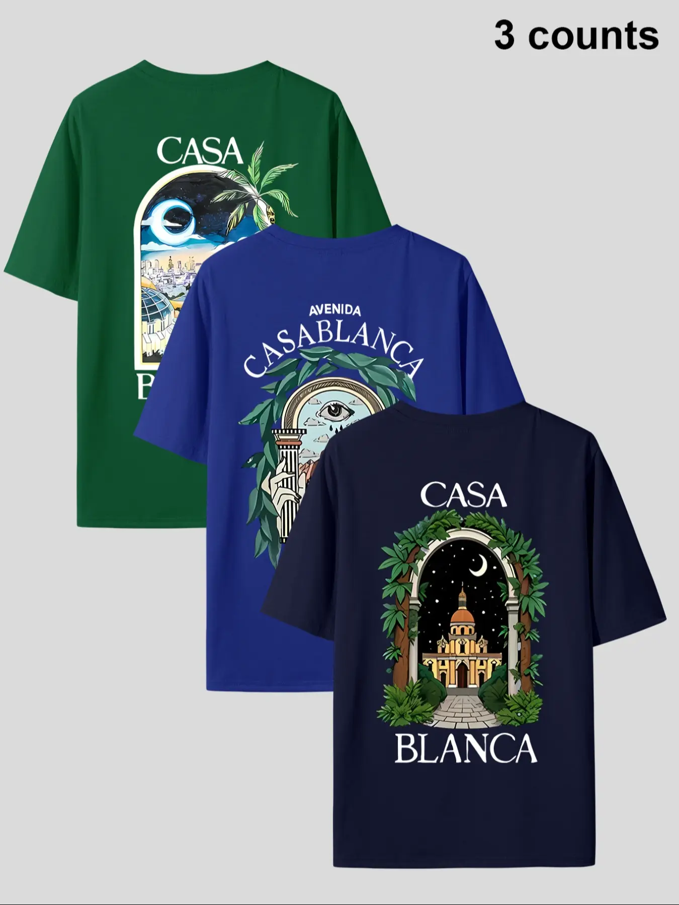 Men's Summer Casual T-Shirt Set, Menswear, Round Neck Short Sleeve Design, Beautiful Tropical Graphic Print Pattern, Fitted Style, Perfect for Daily Wear, Casual Beach Tee