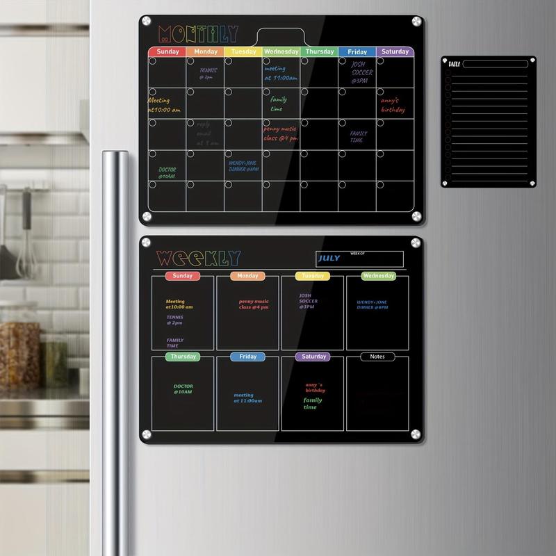 Hivillexun 3-Pack Black Acrylic Magnetic Dry Erase Boards Set - Streamline Your Organization on Refrigerators, Walls, and Fridges with Monthly, Weekly Calendars and Daily Notepads