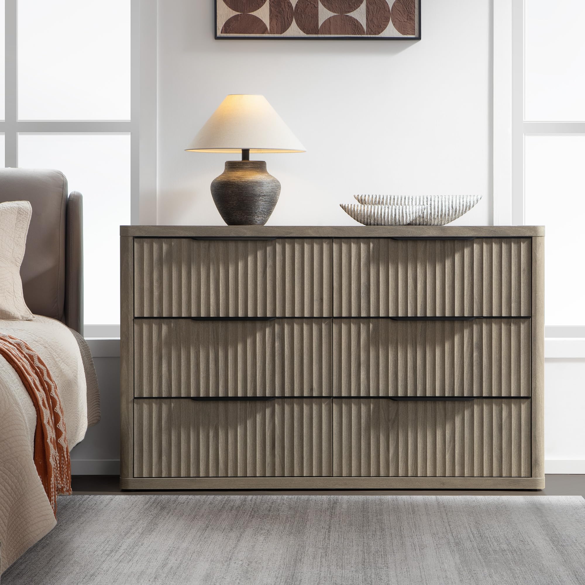 SICOTAS Dresser for Bedroom 6 Drawer Dressers & Chests of Drawers for Closet Long Large Modern TV Stand Set for Clothes Storage Fluted Wide Clothes Closet for Hallway Entryway