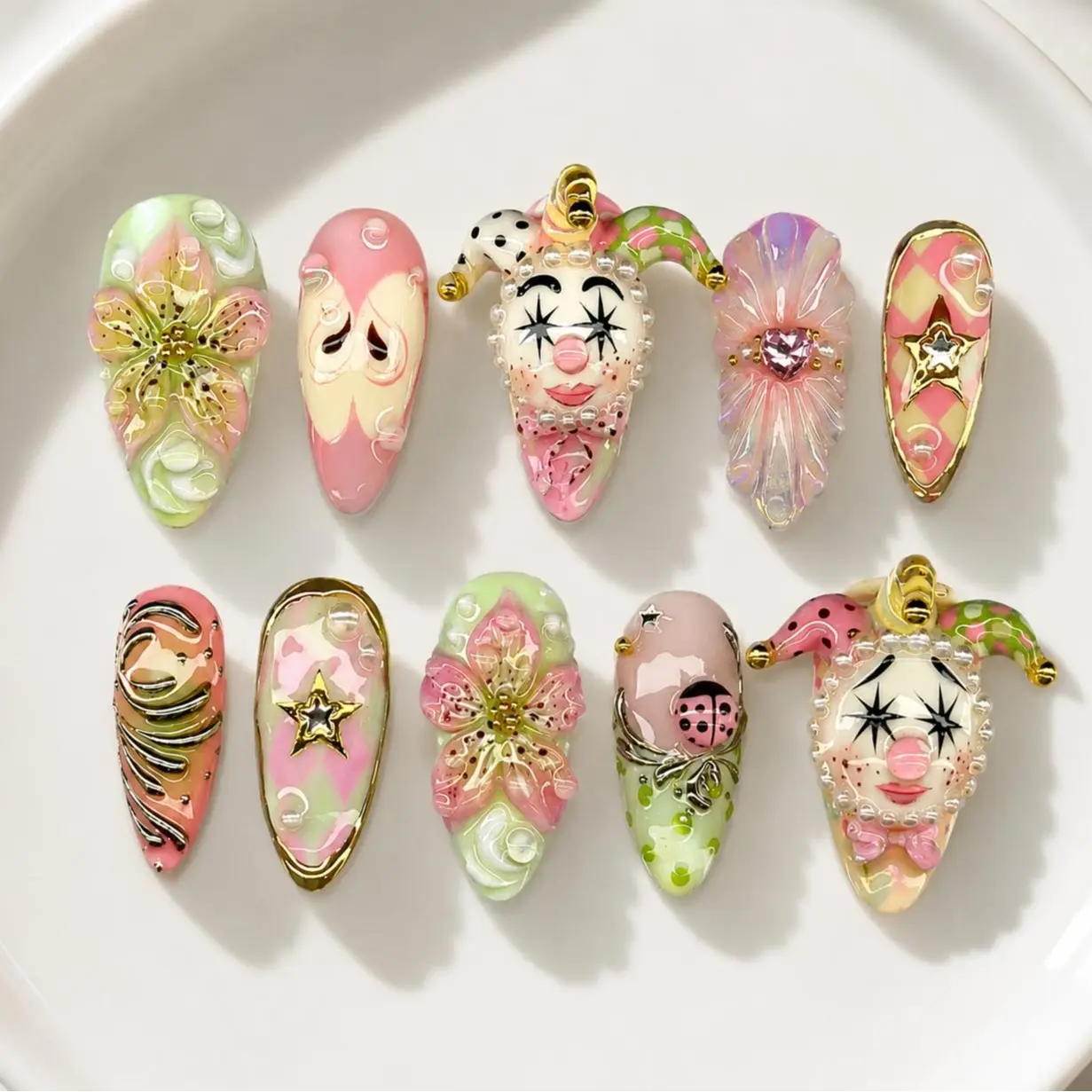 Fantasy Carnival Press On Nails, Pastel Jester Face, 3D Lily Flower, Ladybug Charm, Gold Star Accent, Handmade Reusable Press On Nails, Whimsical Fairycore Statement Nail Art for Women