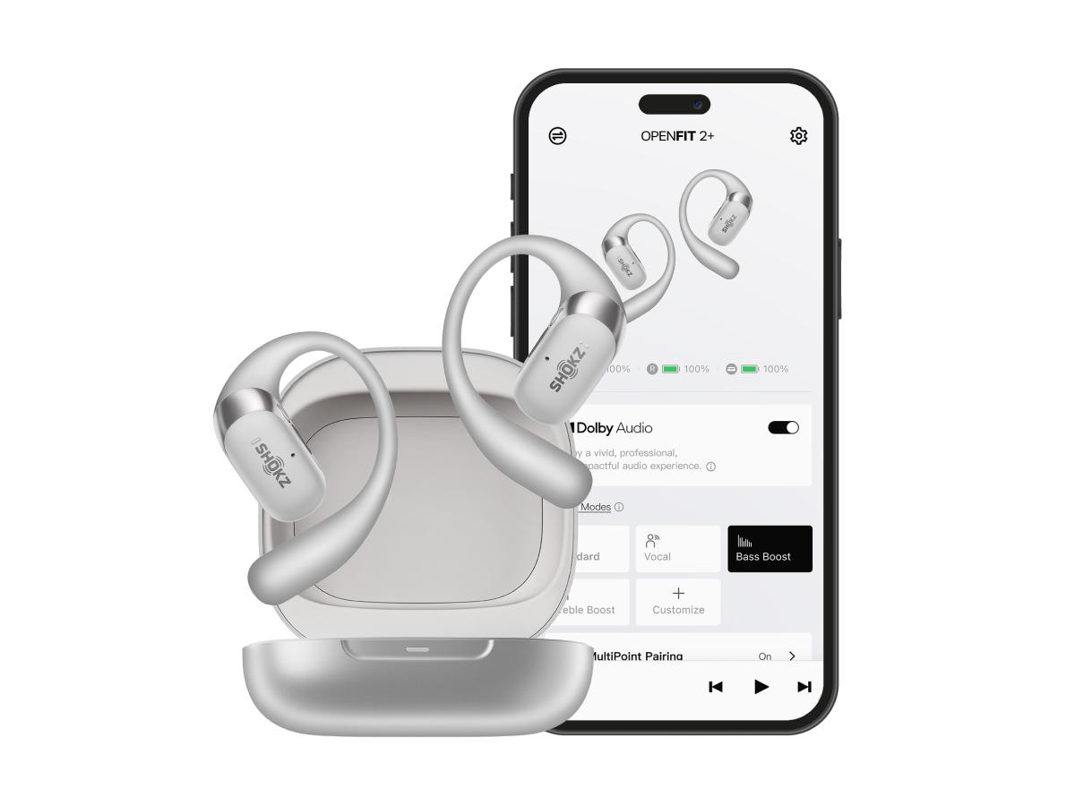 SHOKZ New OpenFit 2+ Open-Ear Headphones, Dolby Audio Enabled, Comfortable Earbuds with Soft Ear Hooks, 48H Playtime, IP55 Water-Resistant, USB-C Fast Charging, Wireless Charging