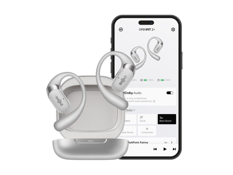 SHOKZ New OpenFit 2+ Open-Ear Headphones, Dolby Audio Enabled, Comfortable Earbuds with Soft Ear Hooks, 48H Playtime, IP55 Water-Resistant, USB-C Fast Charging, Wireless Charging