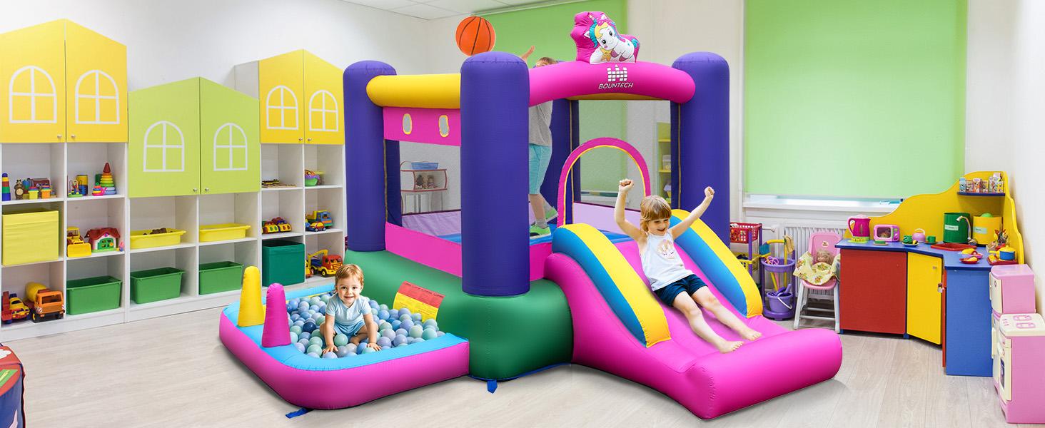Costzon Inflatable Bounce House with Air Blower & Ball Pit, Bouncy House for Kids Indoor Outdoor w/Basketball Hoop, 480w Blower, Mini Bounce House with Slide for Boys Girls Backyard Birthday Party Gifts for 3-12,No Ocean Ball & Basketball Included,