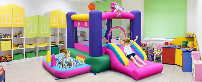 Costway Inflatable Bounce House with Ball Pit, Bouncy House for Kids Indoor Outdoor w/Basketball Hoop, 480w Blower, Mini Bounce House with Slide for Boys Girls Backyard Birthday Party Gifts