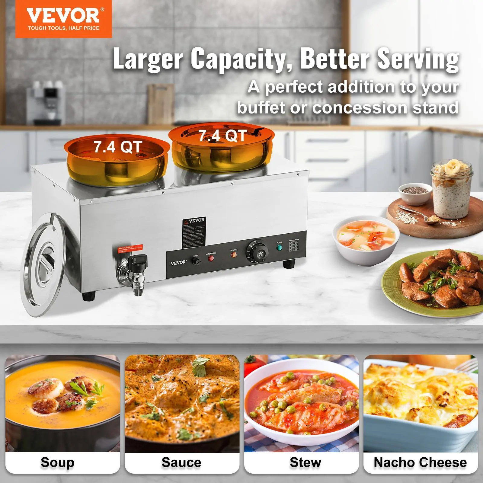 VEVOR Multifunctional Hot Pot Electric Soup Warmer Bain Marie - Dual 7.4QT Stainless Steel Round Soup Pots, 86-185°F Adjustable Temp, 1200W Commercial Appliance with Anti-Dry Burn, Reset Button, Draining Water Faucet, Silver Durable Kitchen Appliances, Co