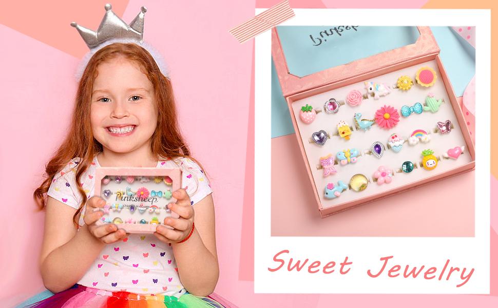 Kids Gifts Nicmore Adjustable Ring 24P Pink Sheet Cute Rings for Girls - Pink Theme, Nickel Free, Safe Materials, Suitable for Ages 3-8