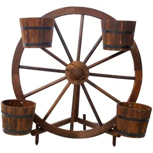 Outdoor Indoor Wood Wagon Wheel Barrel Planter Display - Elegant Wooden Design for Home Decor with High-Quality Craftsmanship Pots Planter Box with Trellis