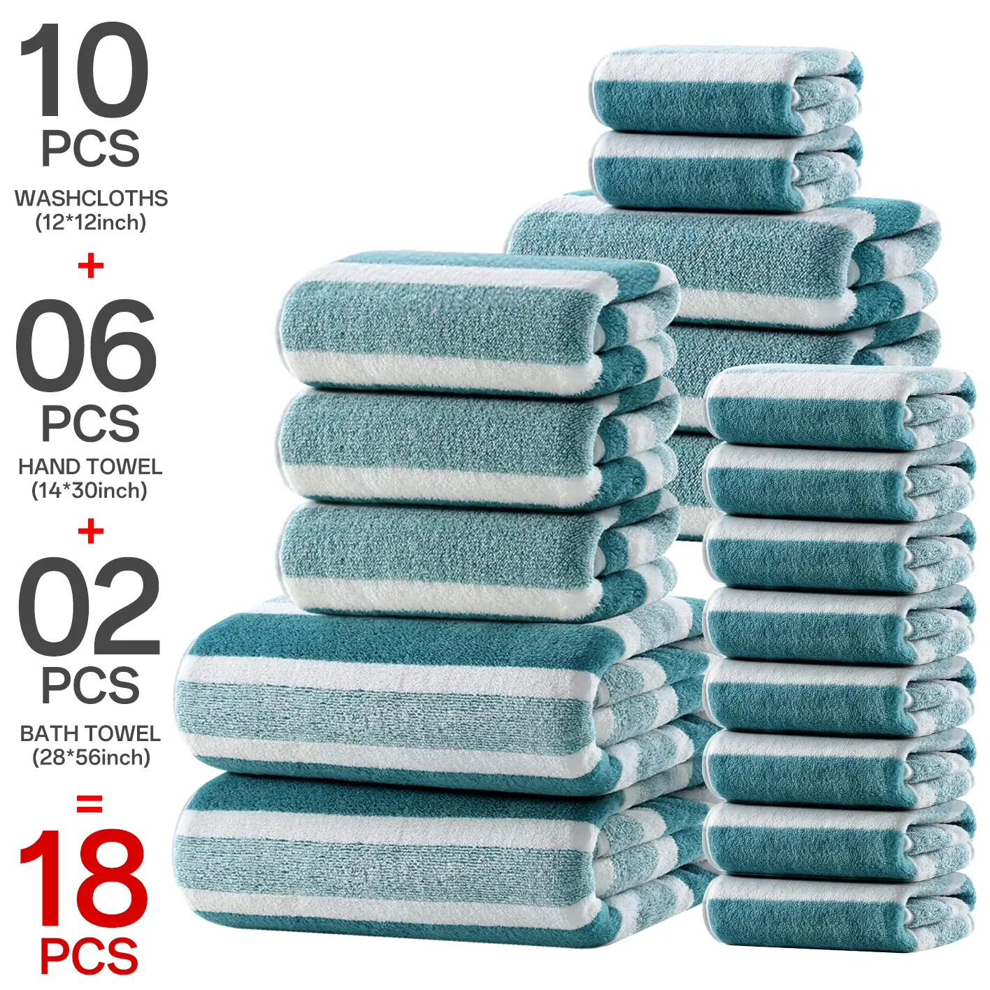 18pcs Bath Towel Set，Super Absorbent & Quick Dry Towels for Family & Travel - Includes 2 Bath, 6 Hand Towels & 10 Washcloths. Fluffy & Lightweight for Daily Comfort，Bathroom Essentials