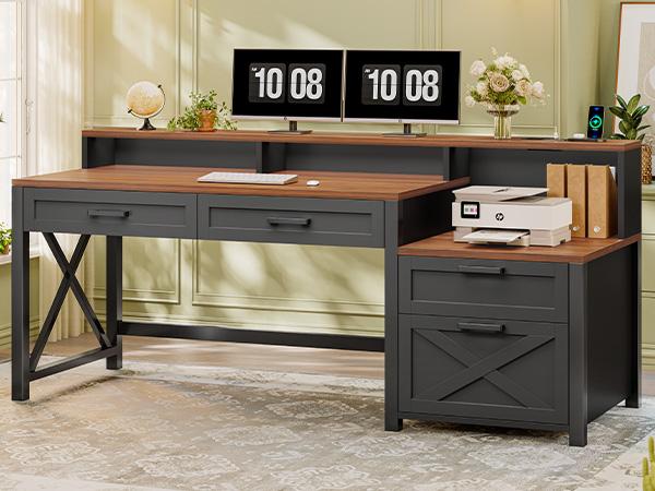 SEDETA 55 Inch Farmhouse Computer Desk with 4 Drawers Power Outlet Gaming Desk with Led Lights Storage Shelves Printer Cabinet