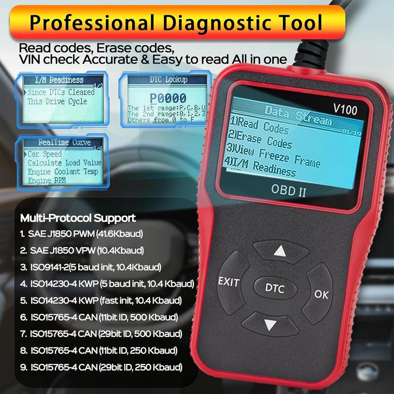 V100 OBD2 Diagnostic Tool, Check Engine Code Reader with Battery ...