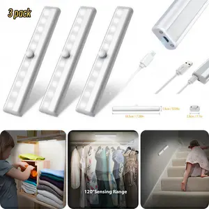 Smart Under-Cabinet Lighting 7.28 Inch 3-Pack, 10-LED Motion Sensor Night Light, USB-Rechargeable Aluminum Strip, Magnetic Mount for Wardrobe Cabinets and Bedrooms, Easy Install, 120° Sensing Range